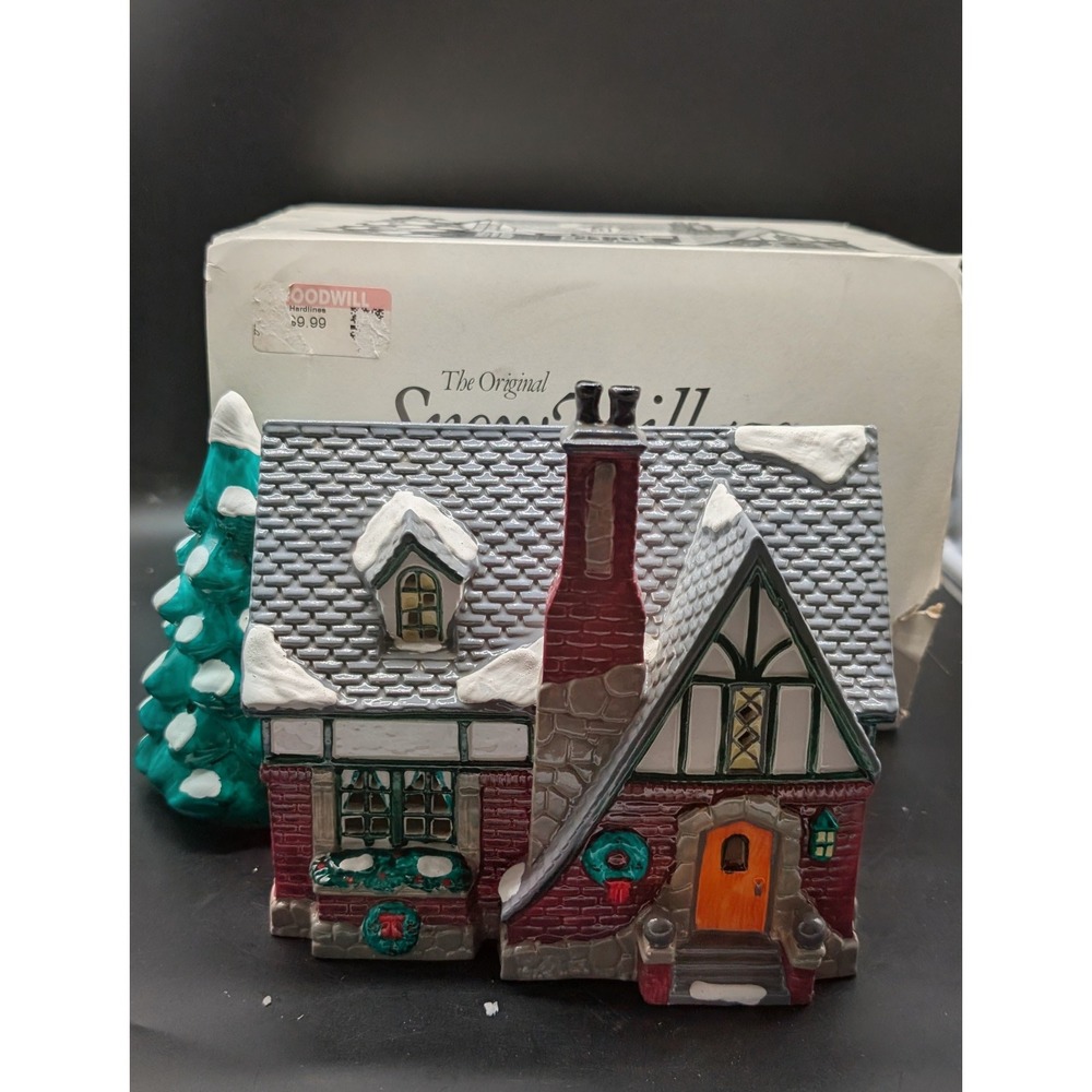 Department 56 Snow Village Oak Grove Tudor Christmas House with Box and Tree